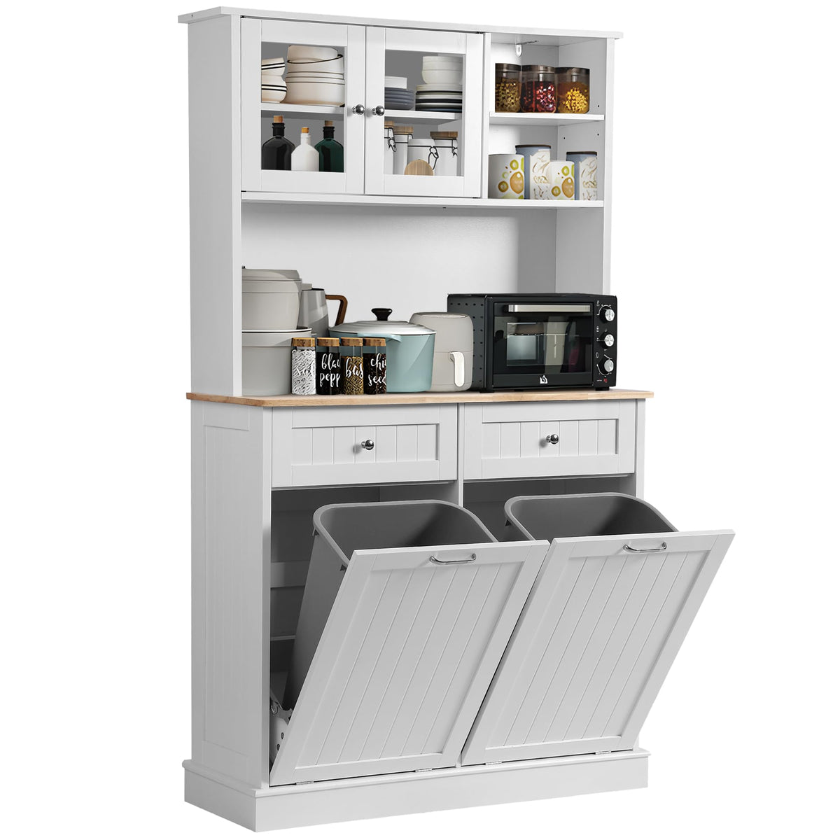 68.4" White Kitchen Pantry Storage Cabinet with Shelf, 2 Drawers and Tilt Out Trash Cabinet D10378