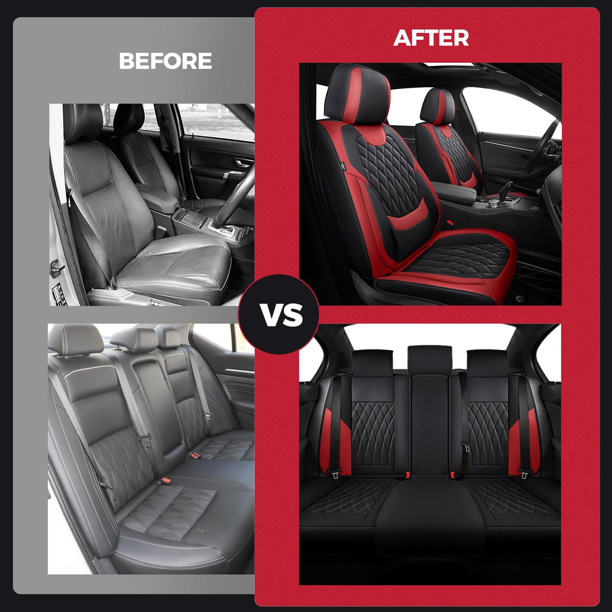 Car Seat Covers Full Set Faux Leather Black Red N807
