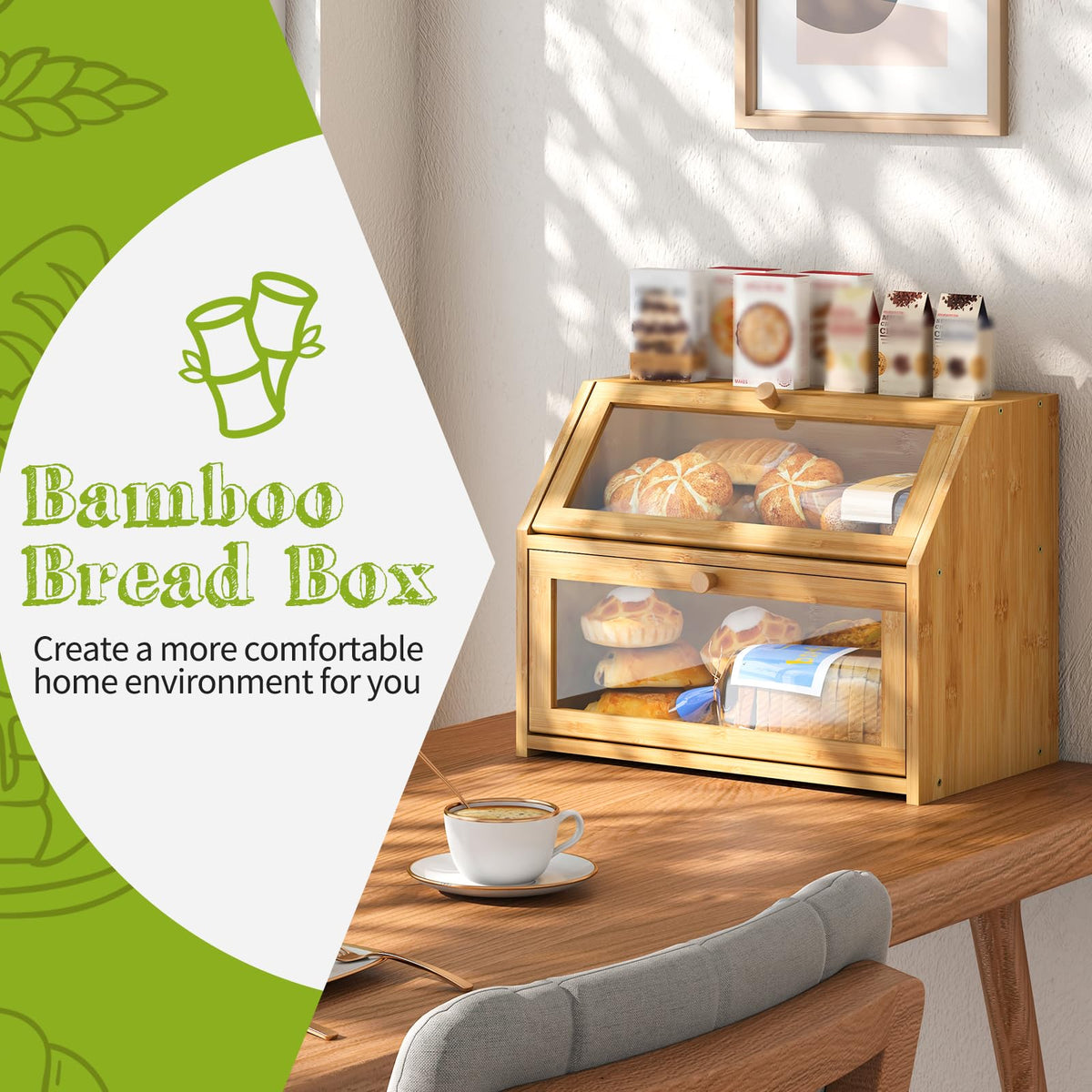 Double Layer Bamboo Wooden Bread Box U4207