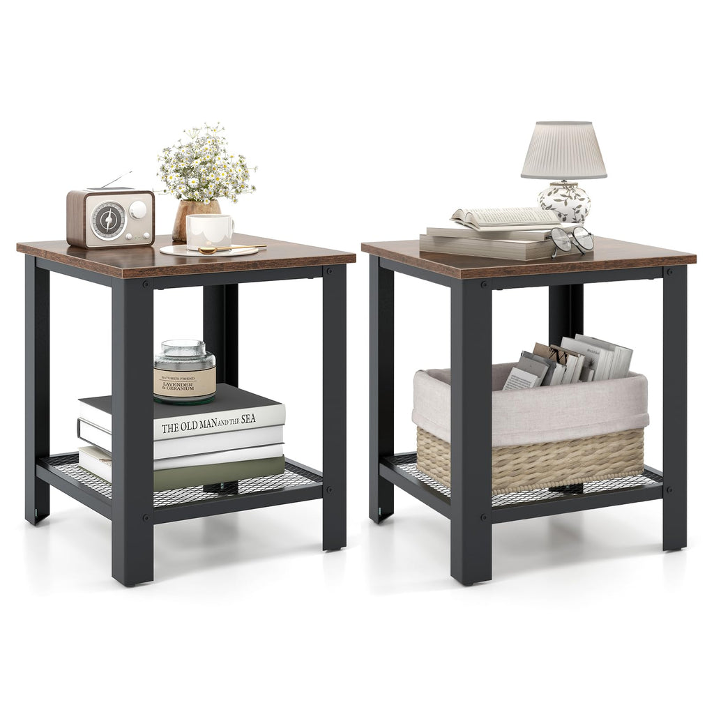 2-Tier End Table Set of 2, 16 Inch Side Table with Mesh Storage Shelf V6395