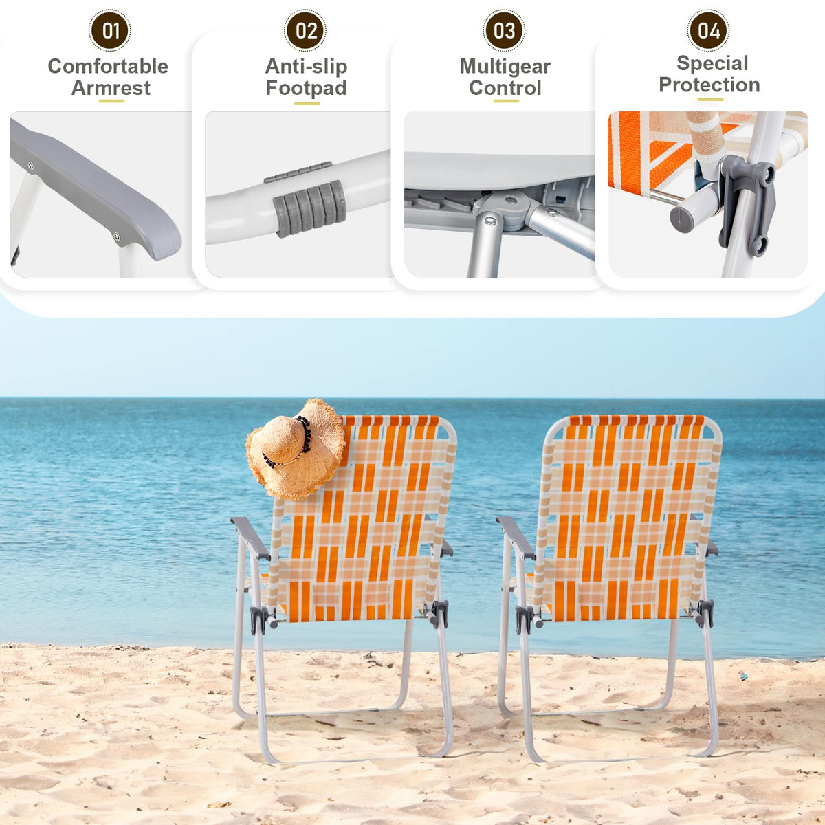 Folding Webbed Patio Chair Set of 2 Orange & White E17551