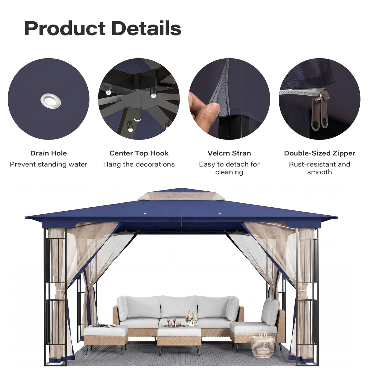 13' x 11' Navy Blue Outdoor Patio Gazebo with Mosquito Netting P186271
