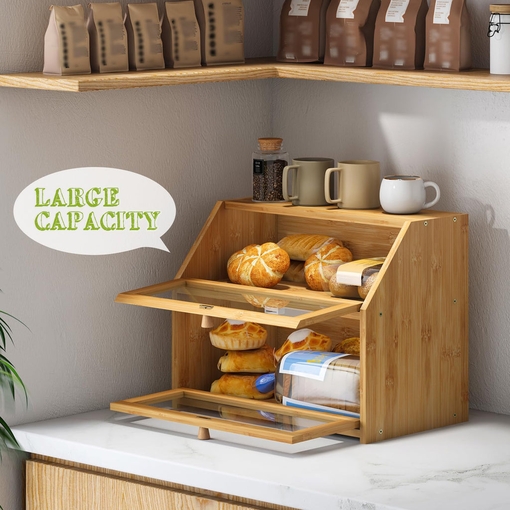 Double Layer Bamboo Wooden Bread Box U4207