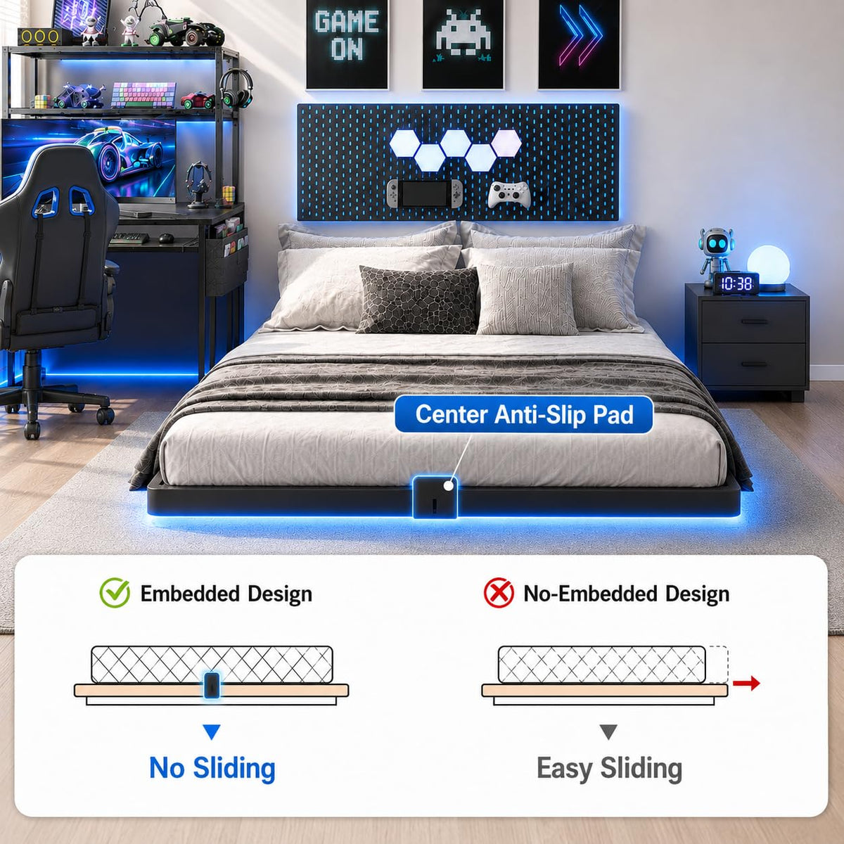 Full Size Floating Bed Frame with LED Lights R65606