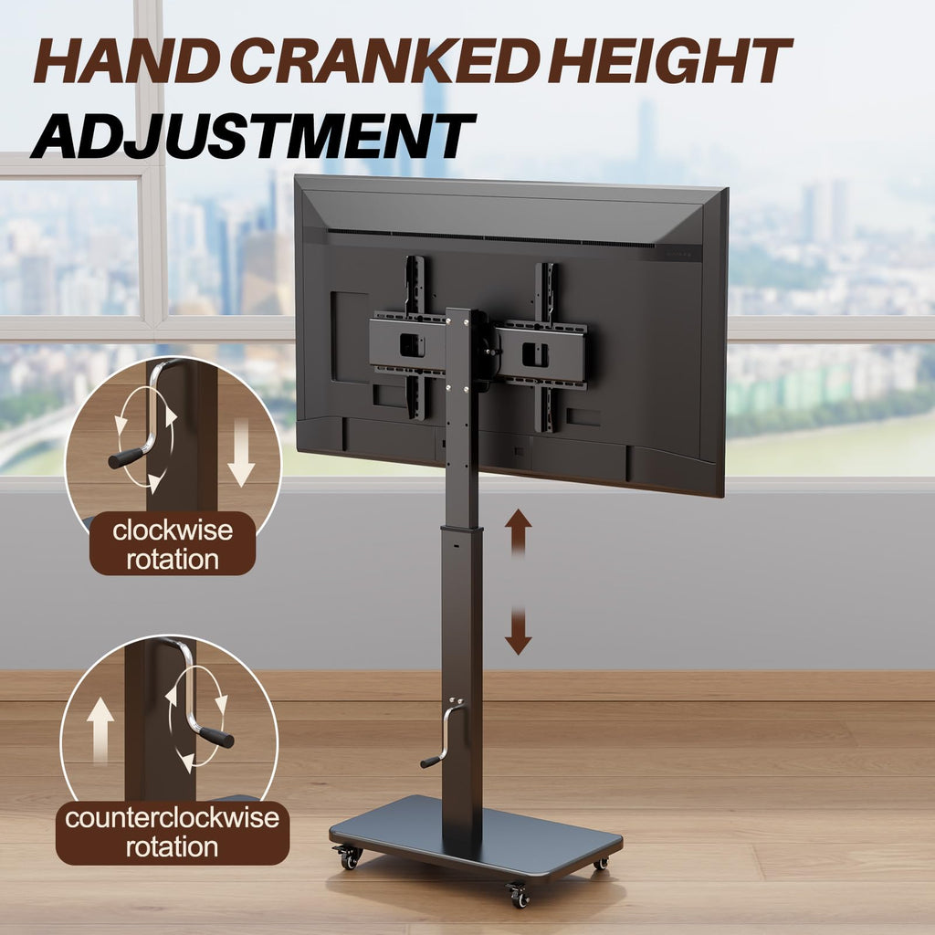 Mobile TV Stand on Wheels with 90° Swivel, Hand Crank Adjustable Height, for 42 to 75 inch TVs up to 110 lbs (Black) A916