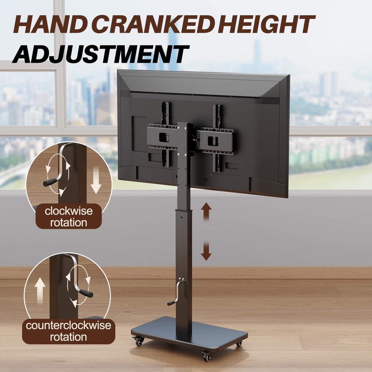 Mobile TV Stand on Wheels with 90° Swivel, Hand Crank Adjustable Height, for 42 to 75 inch TVs up to 110 lbs (Black) A916