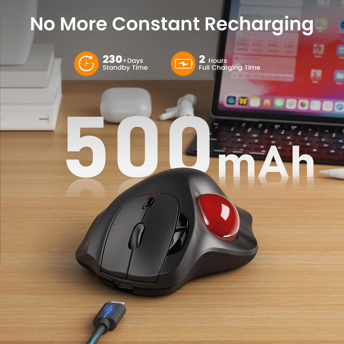 Wireless Rechargeable Thumb Control Trackball Mouse A2953