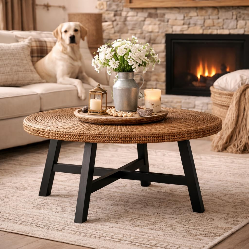 32 Inch Round Handwoven Seagrass Coffee Table with Pine Wood X Base G165