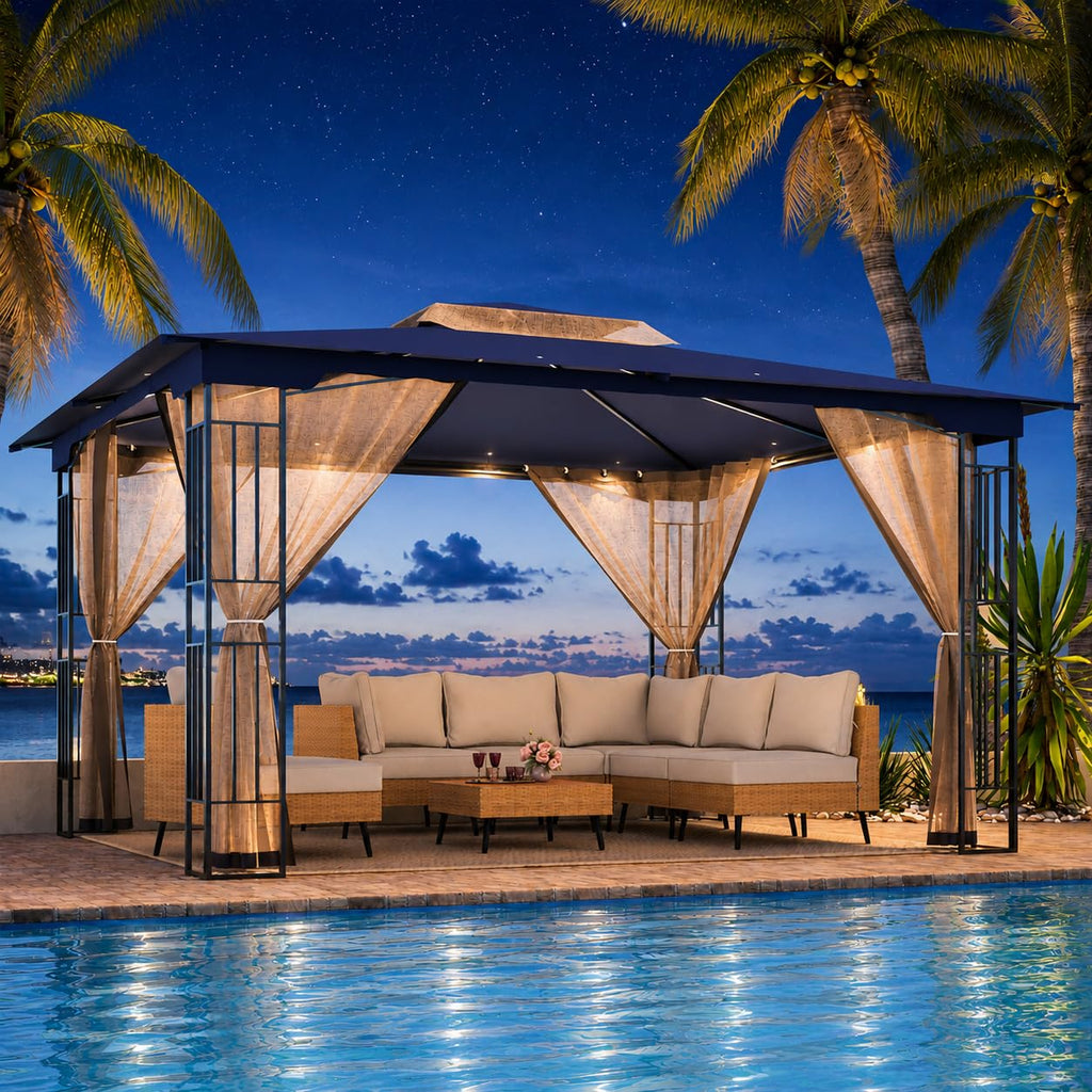 13' x 11' Navy Blue Outdoor Patio Gazebo with Mosquito Netting P186271