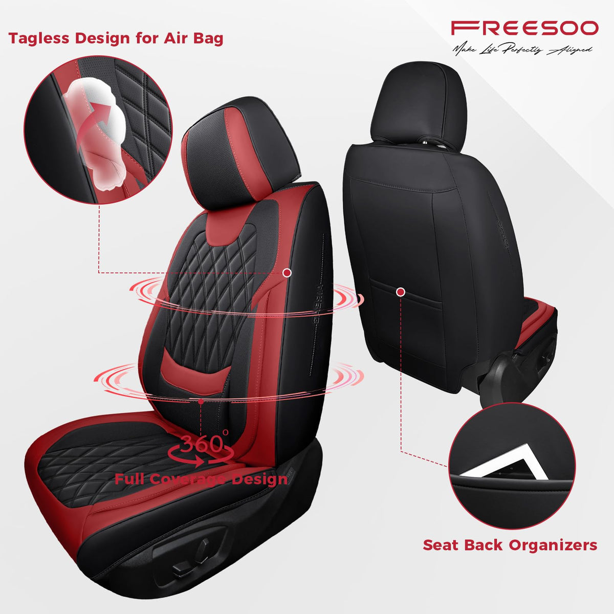 Car Seat Covers Full Set Faux Leather Black Red N807