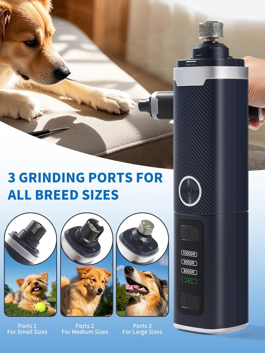 3 Speed Silent Rechargeable Pet Nail Grinder with 2 LED Lights T329149