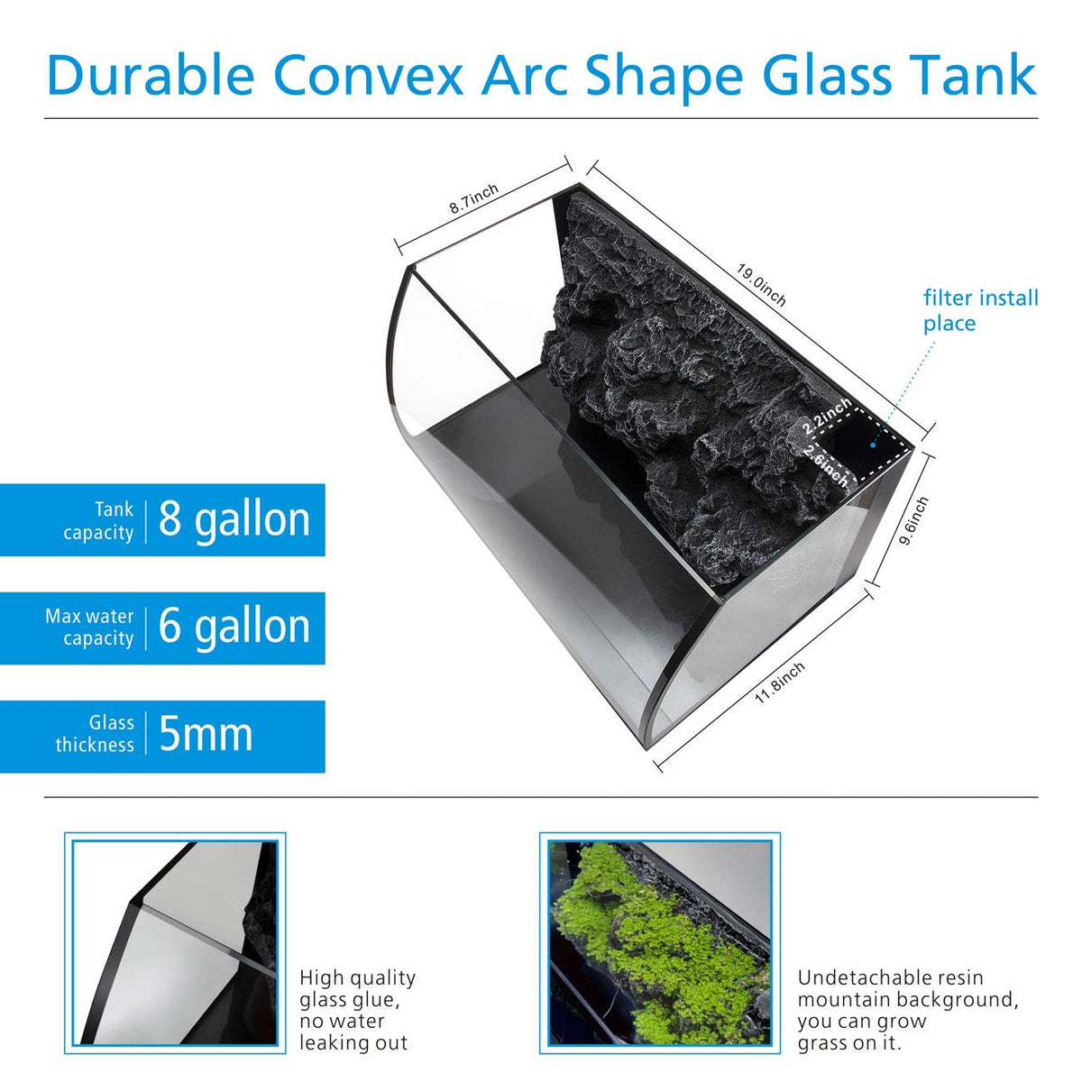 8 Gallon LED Glass Aquarium Kit with 3D Rockery Background B741