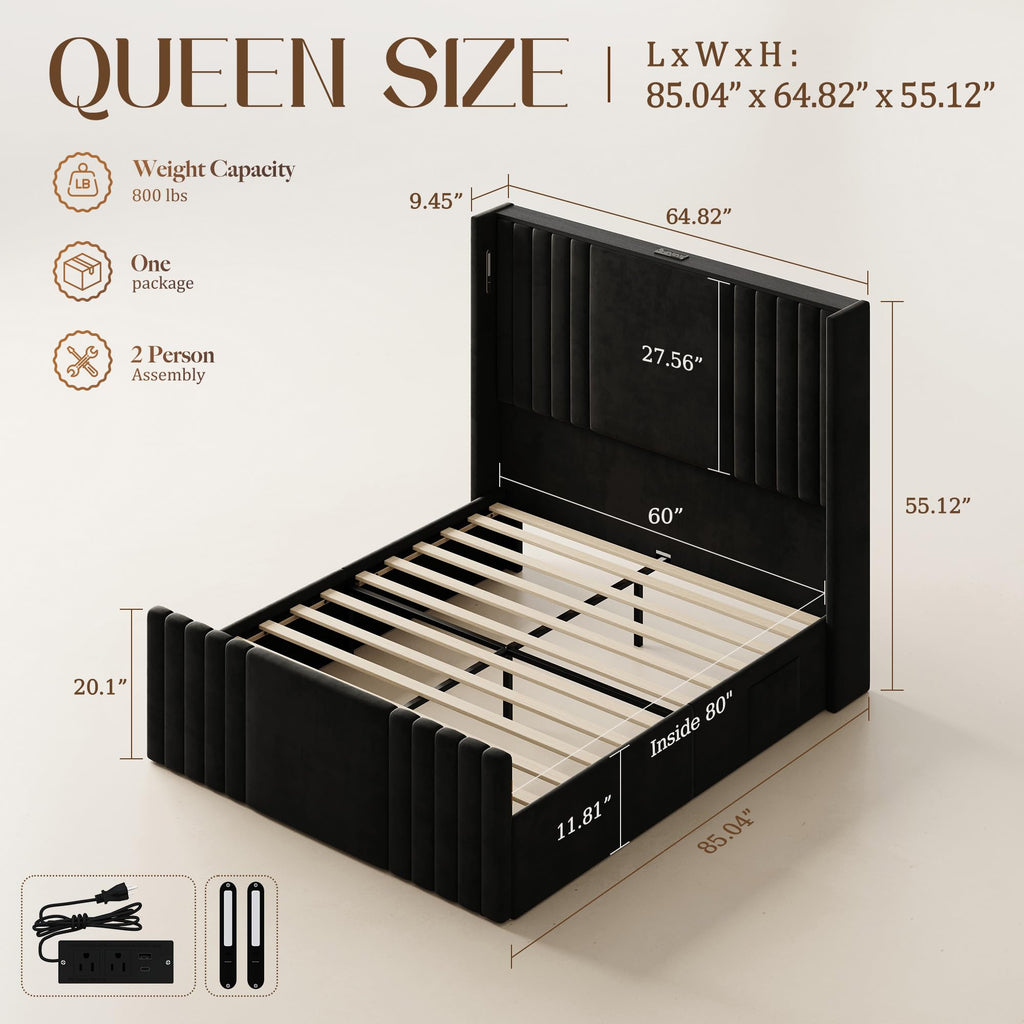 Queen Size Platform Bed Frame with Reading Lights J4488