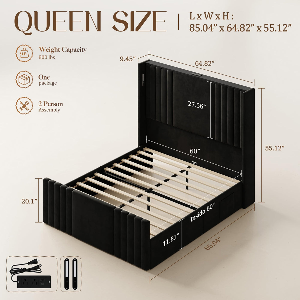 Queen Size Platform Bed Frame with Reading Lights J4488