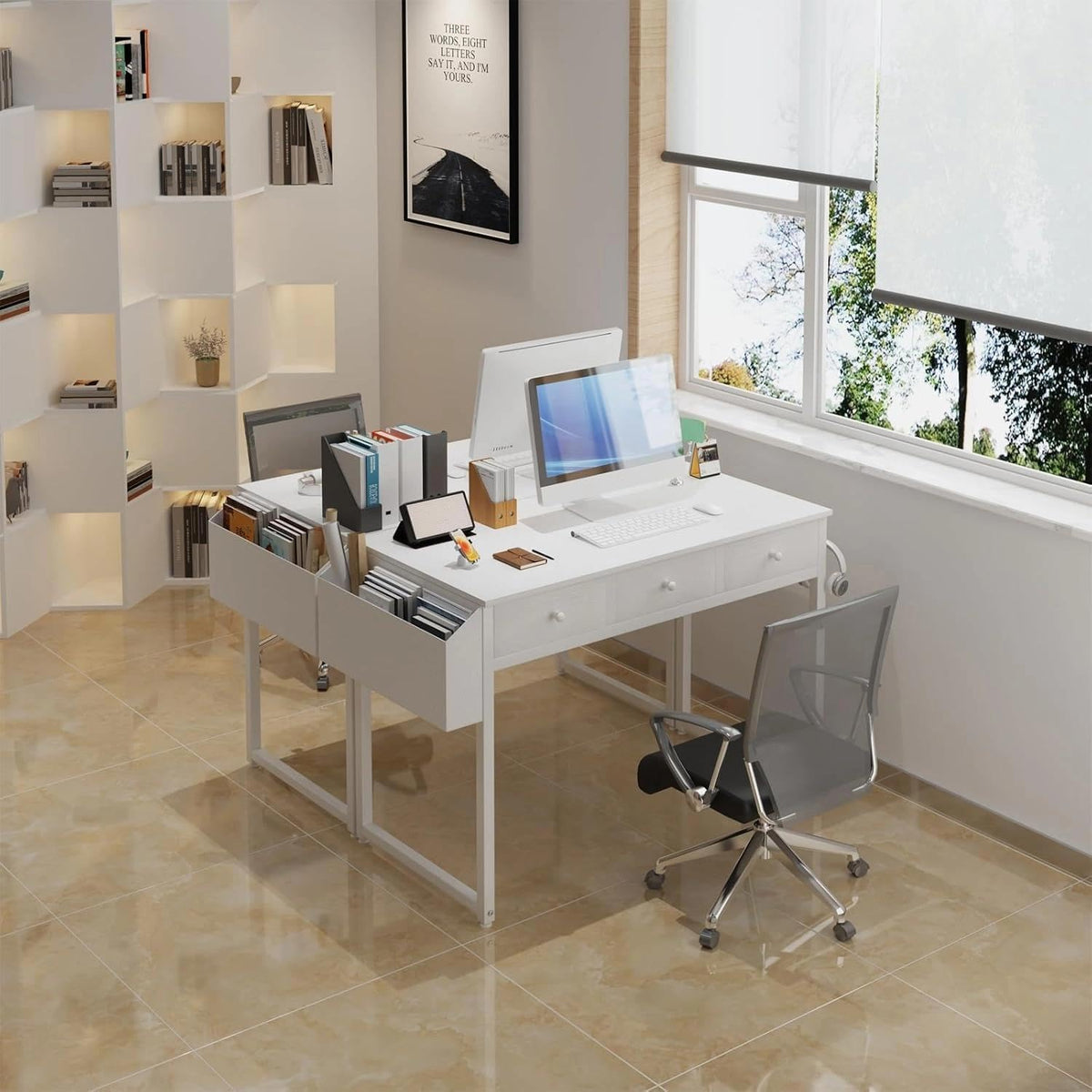 White 40 Inch Computer Desk with Drawers T7140