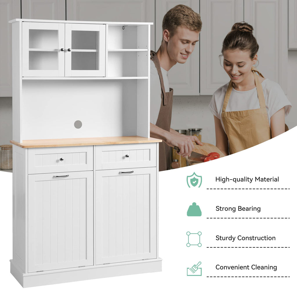 68.4" White Kitchen Pantry Storage Cabinet with Shelf, 2 Drawers and Tilt Out Trash Cabinet D10378