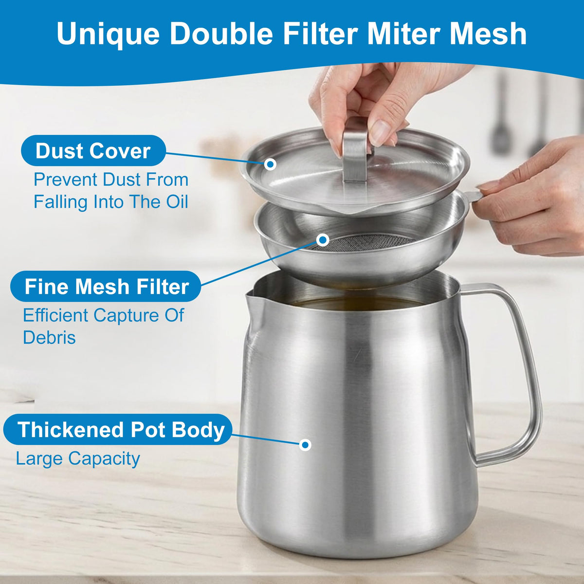 68oz Stainless Steel Oil Filter Pot with Fryer Basket D369