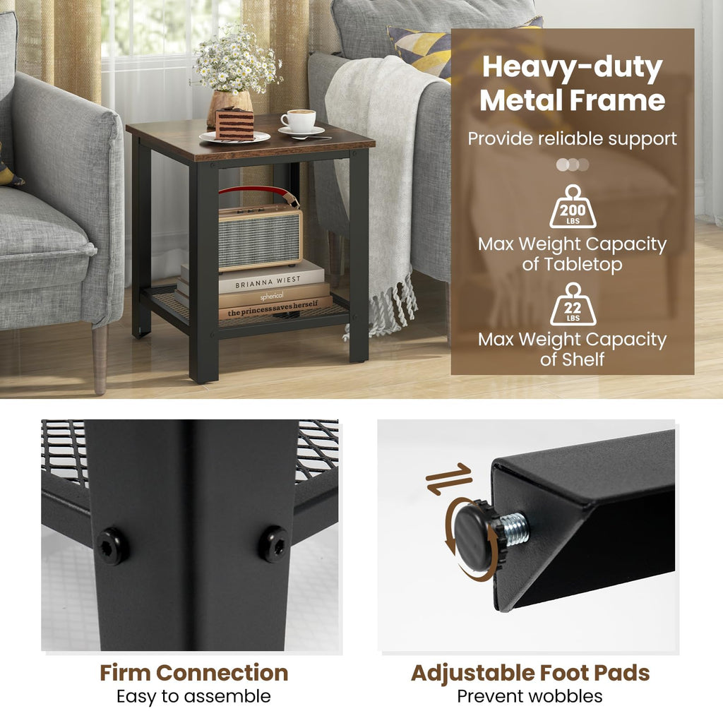 2-Tier End Table Set of 2, 16 Inch Side Table with Mesh Storage Shelf V6395