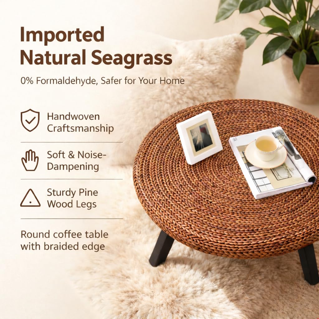 32 Inch Round Handwoven Seagrass Coffee Table with Pine Wood X Base G165