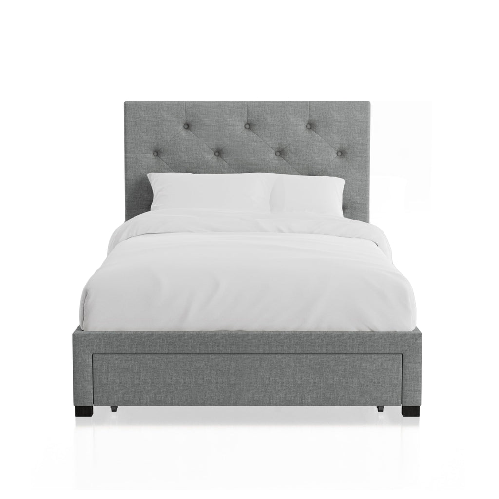 Gray Upholstered Twin Platform Bed with Storage Drawer V708