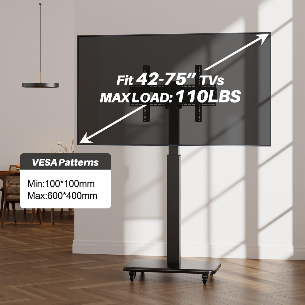 Mobile TV Stand on Wheels with 90° Swivel, Hand Crank Adjustable Height, for 42 to 75 inch TVs up to 110 lbs (Black) A916