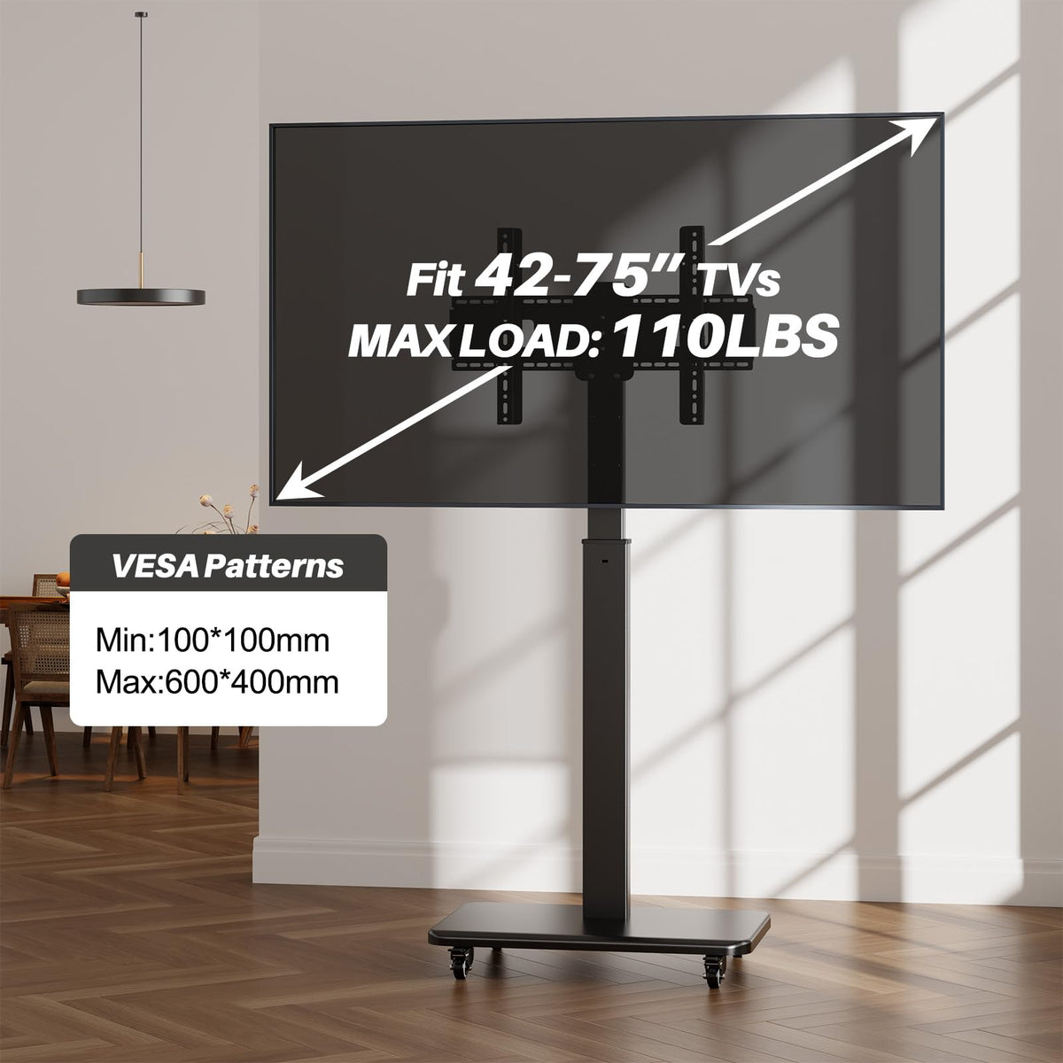 Mobile TV Stand on Wheels with 90° Swivel, Hand Crank Adjustable Height, for 42 to 75 inch TVs up to 110 lbs (Black) A916