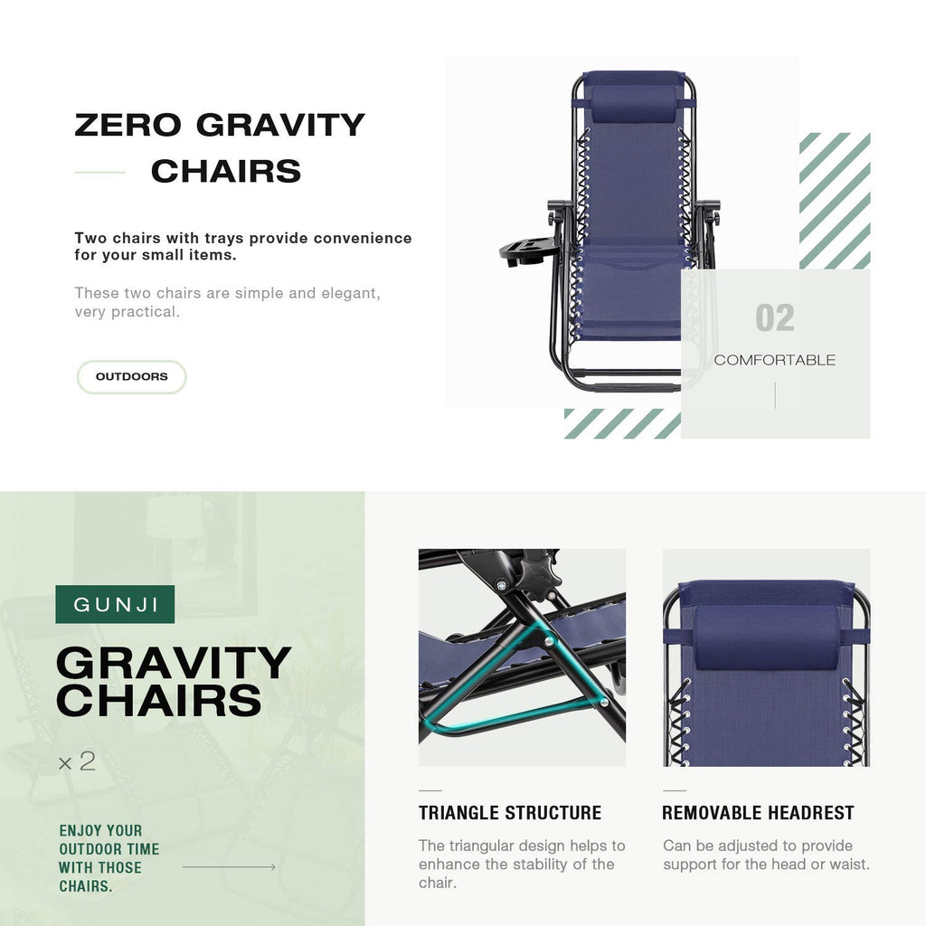 Blue Zero Gravity Folding Lounge Chairs Set of 2 with Cup Holder X98911