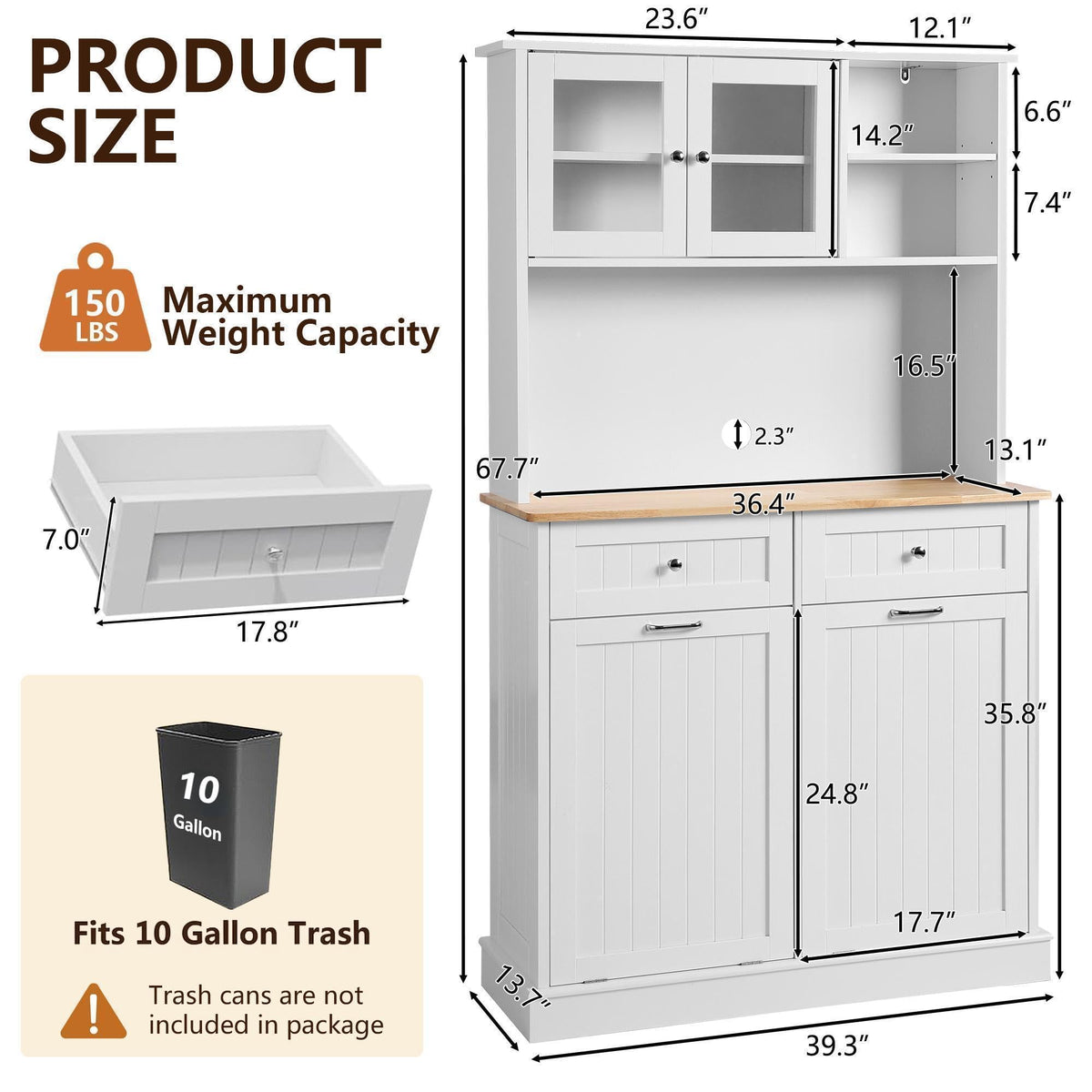 68.4" White Kitchen Pantry Storage Cabinet with Shelf, 2 Drawers and Tilt Out Trash Cabinet D10378