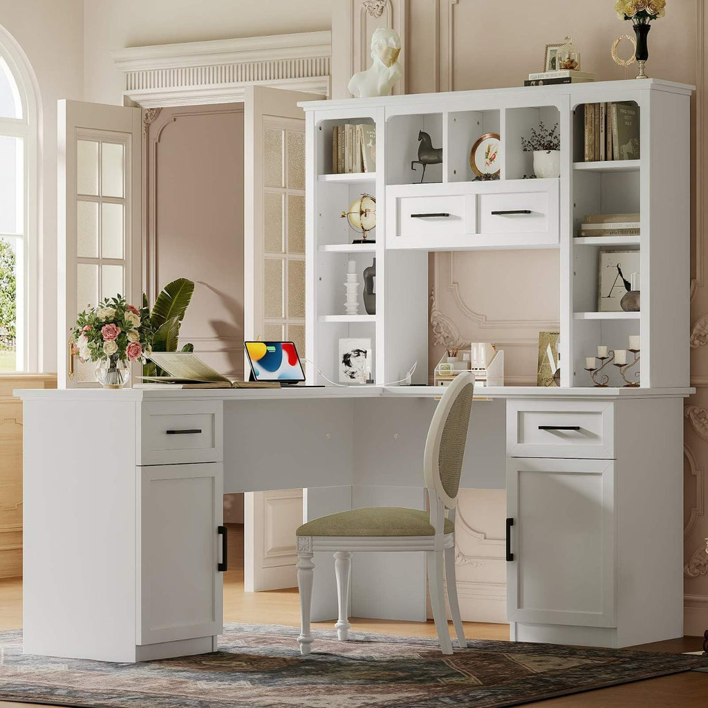 White L-Shaped Computer Desk with Hutch and Storage E964