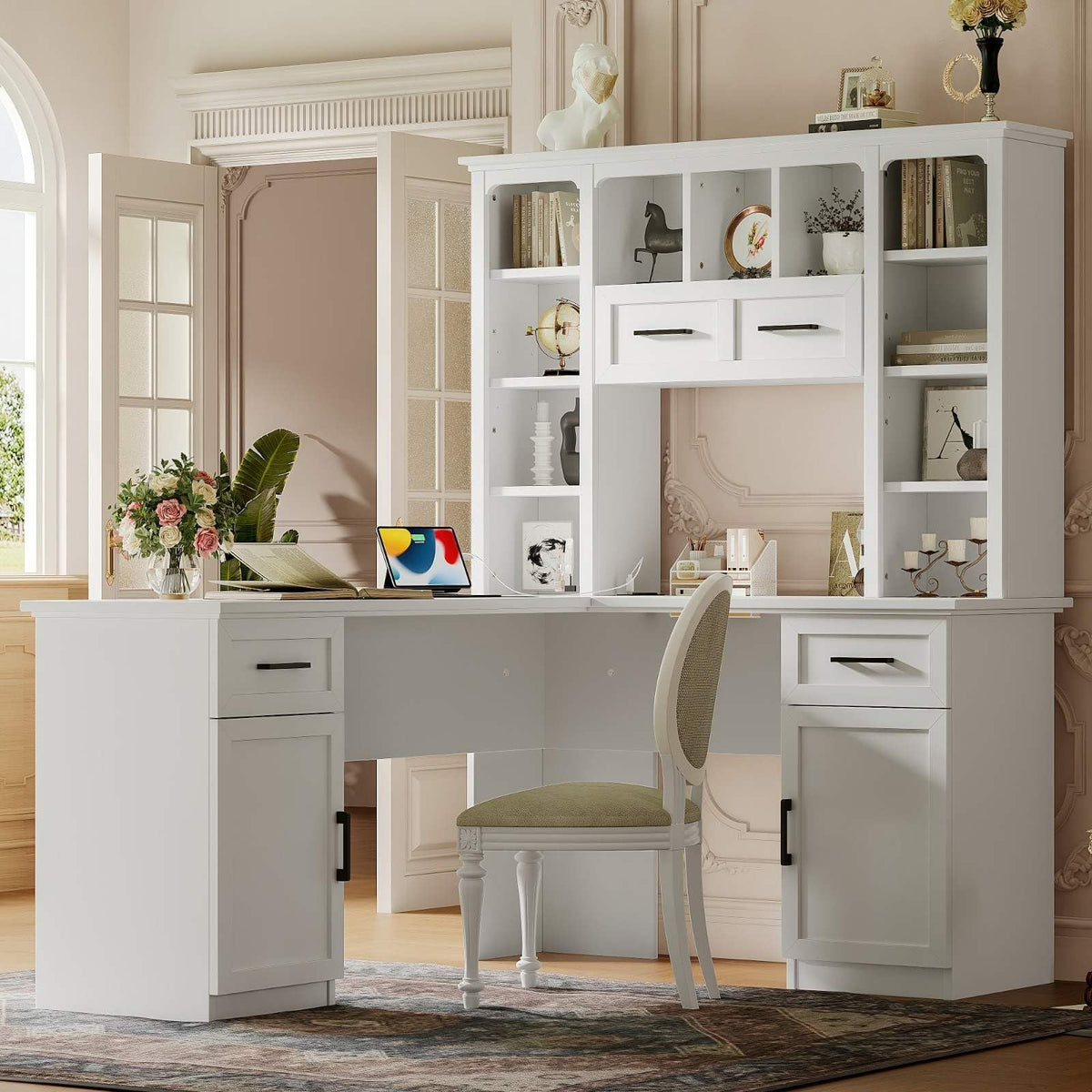 White L-Shaped Computer Desk with Hutch and Storage E964
