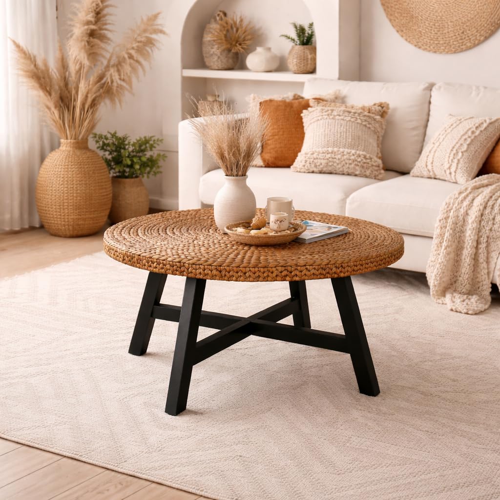 32 Inch Round Handwoven Seagrass Coffee Table with Pine Wood X Base G165