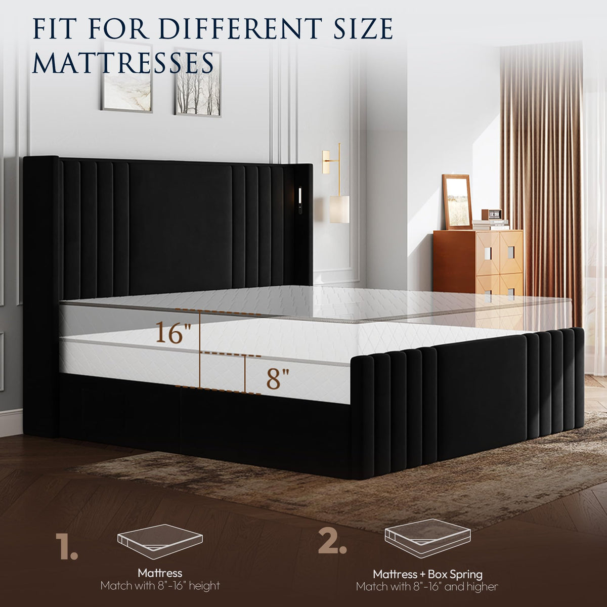 Queen Size Platform Bed Frame with Reading Lights J4488