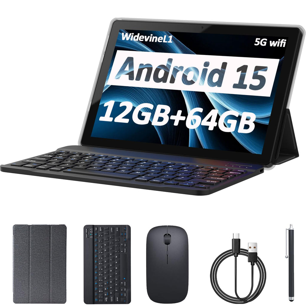 Android 15 Tablet 10 Inch 12GB RAM 64GB ROM 2 in 1 with Keyboard Case Mouse Stylus G30705