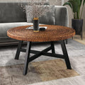32 Inch Round Handwoven Seagrass Coffee Table with Pine Wood X Base G165