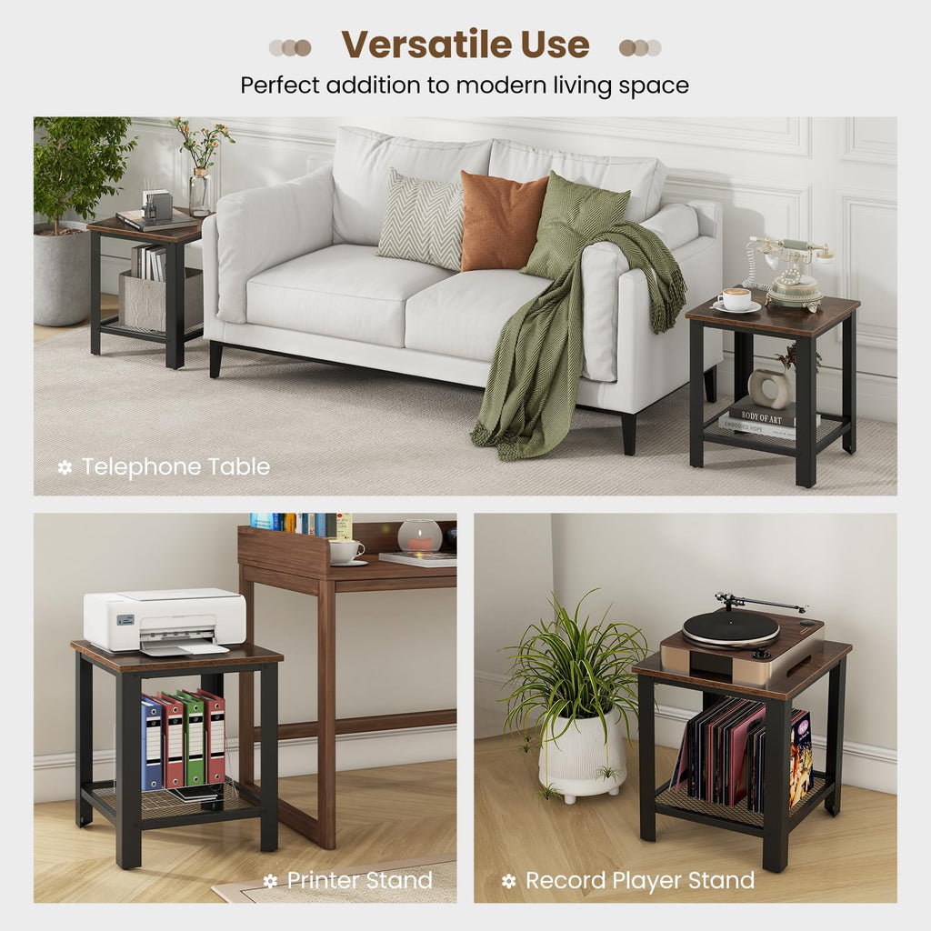 2-Tier End Table Set of 2, 16 Inch Side Table with Mesh Storage Shelf V6395