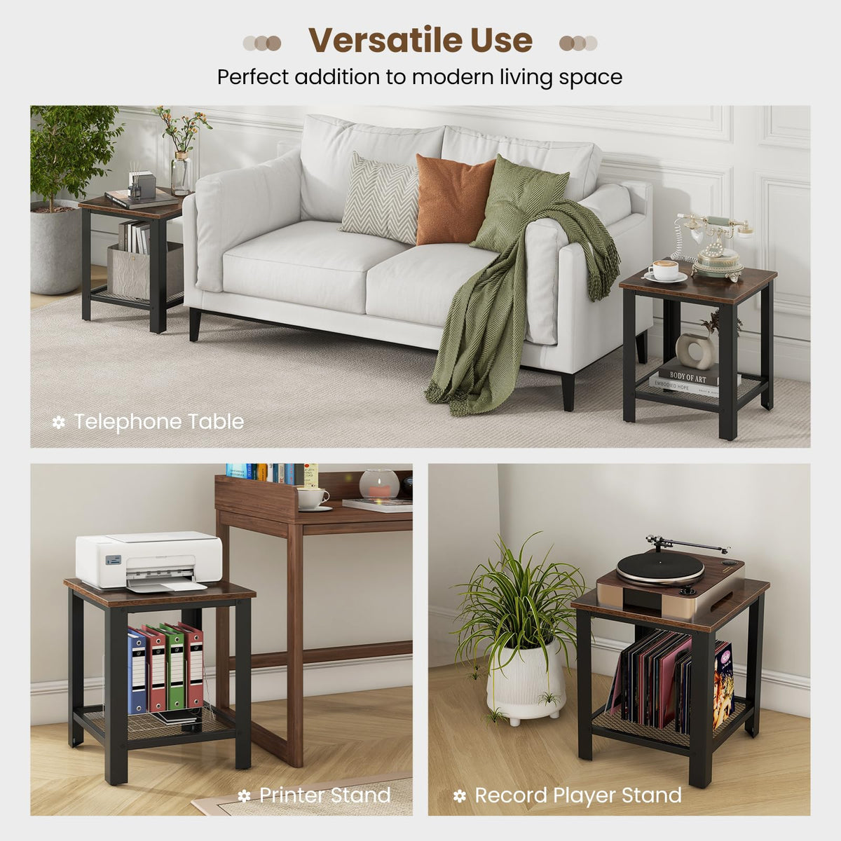 2-Tier End Table Set of 2, 16 Inch Side Table with Mesh Storage Shelf V6395