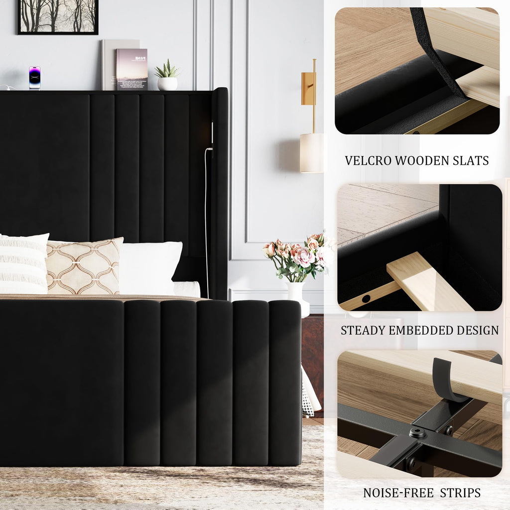 Queen Size Platform Bed Frame with Reading Lights J4488