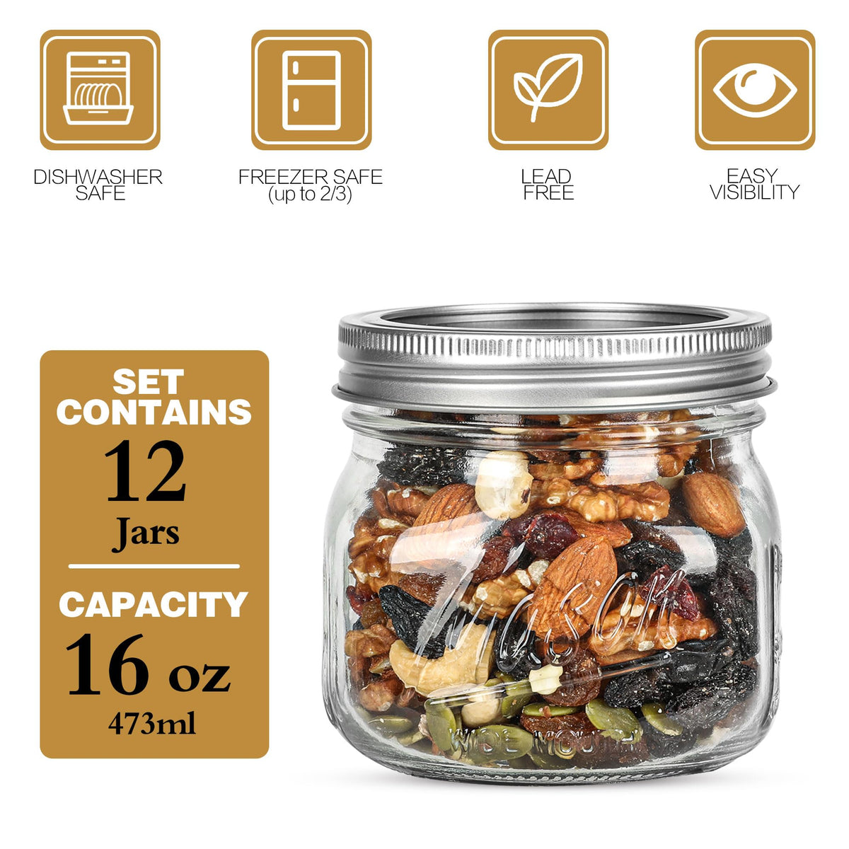 Wide Mouth Mason Jars 16oz with Airtight Lids and Bands P7298