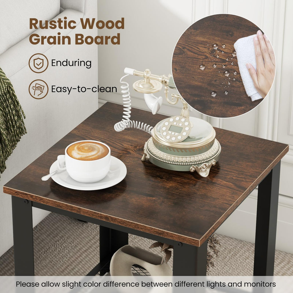 2-Tier End Table Set of 2, 16 Inch Side Table with Mesh Storage Shelf V6395