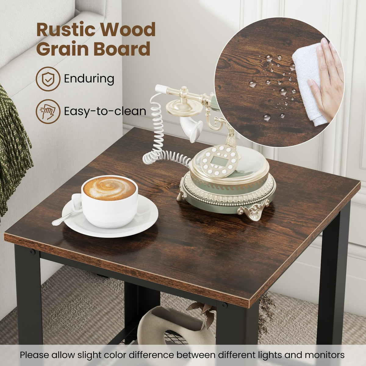 2-Tier End Table Set of 2, 16 Inch Side Table with Mesh Storage Shelf V6395