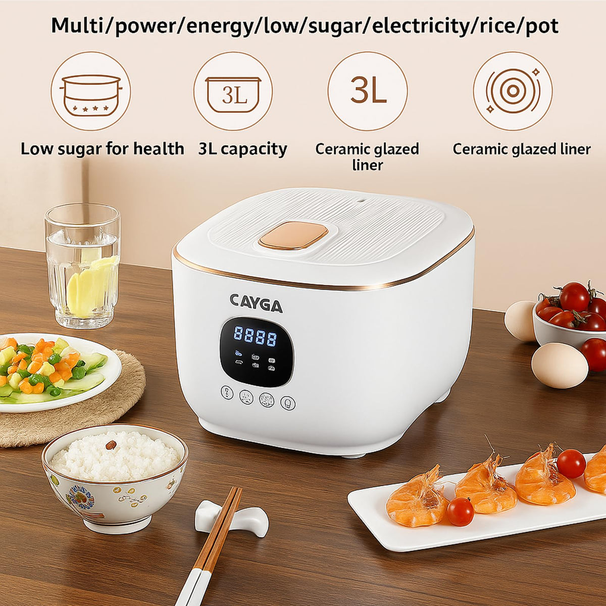 Low Sugar 3L Ceramic Rice Cooker with Steamer Basket T3359