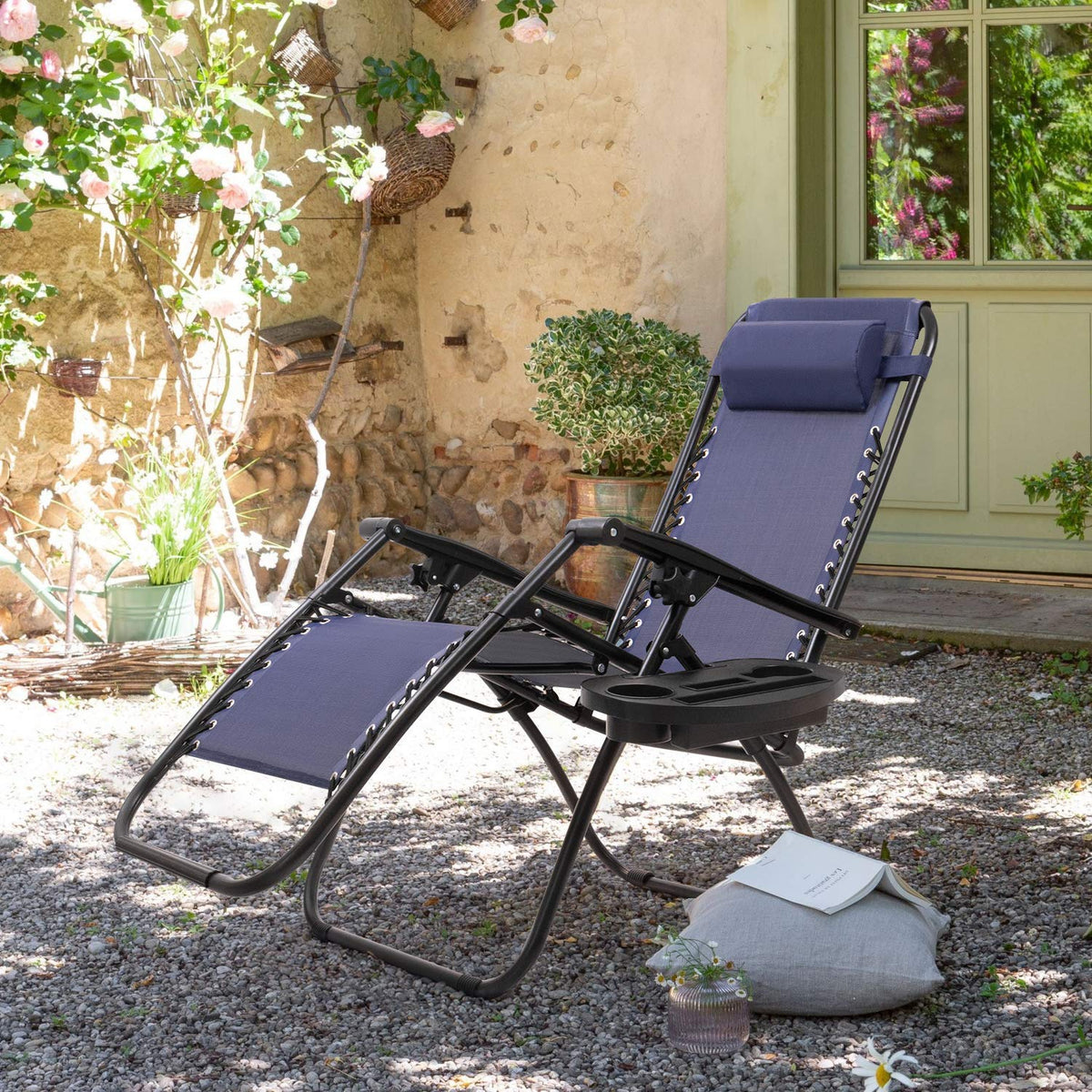 Blue Zero Gravity Folding Lounge Chairs Set of 2 with Cup Holder X98911