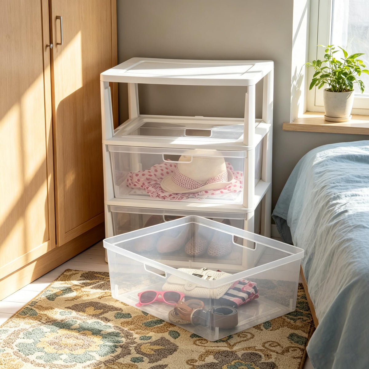 White 3-Drawer Plastic Storage Tower with Clear Bins L3448