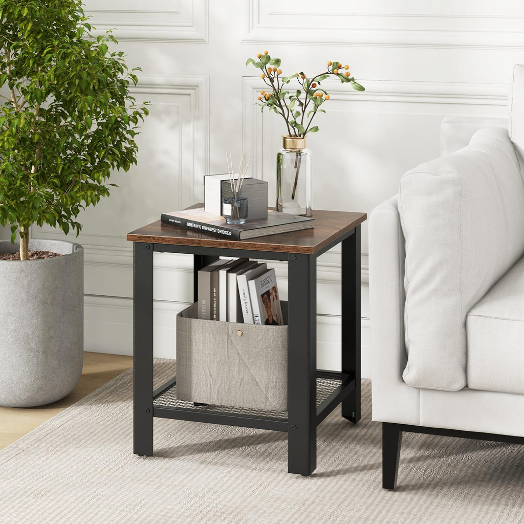 2-Tier End Table Set of 2, 16 Inch Side Table with Mesh Storage Shelf V6395