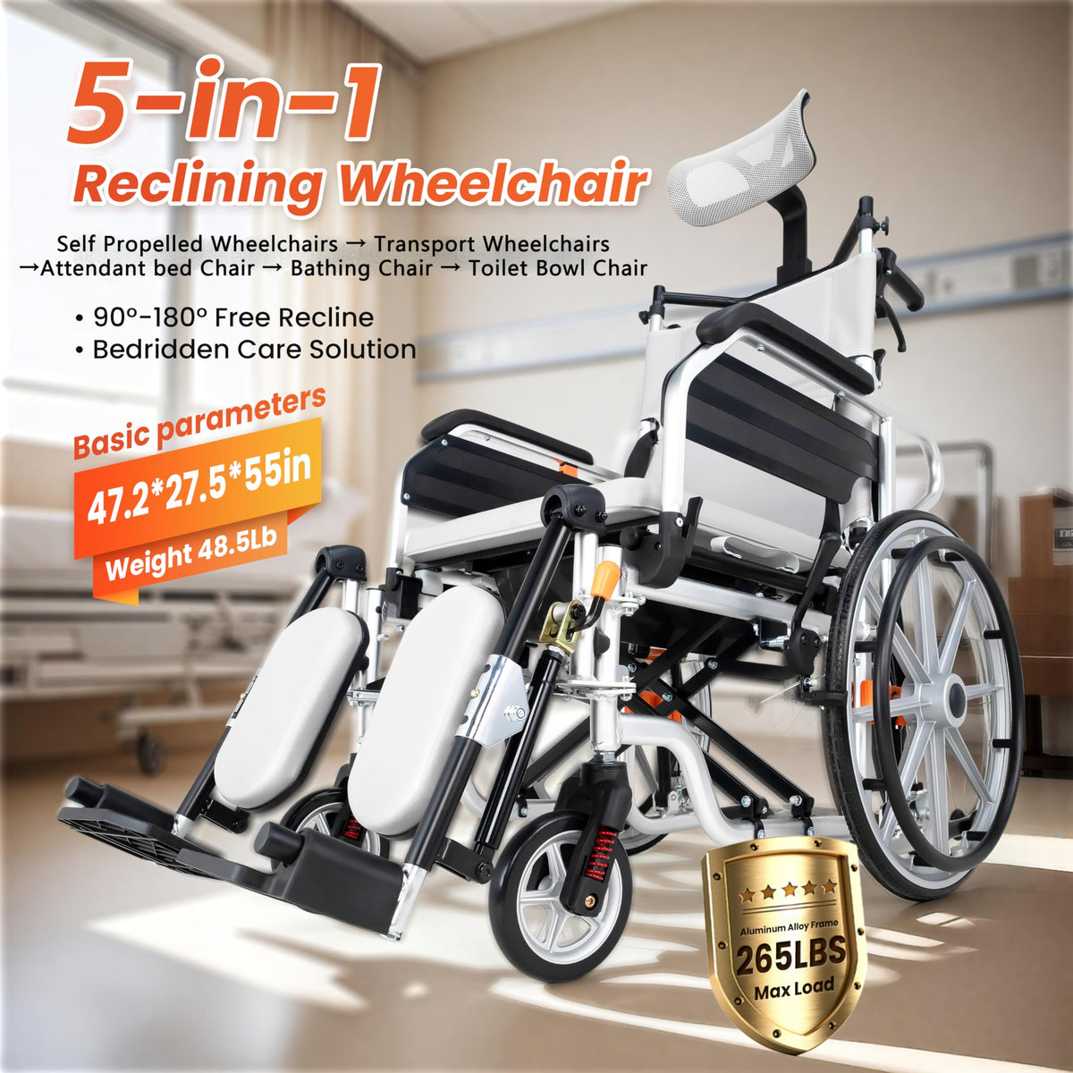 5-In-1 Fold Reclining Wheelchair with Elevating Leg Rests U754