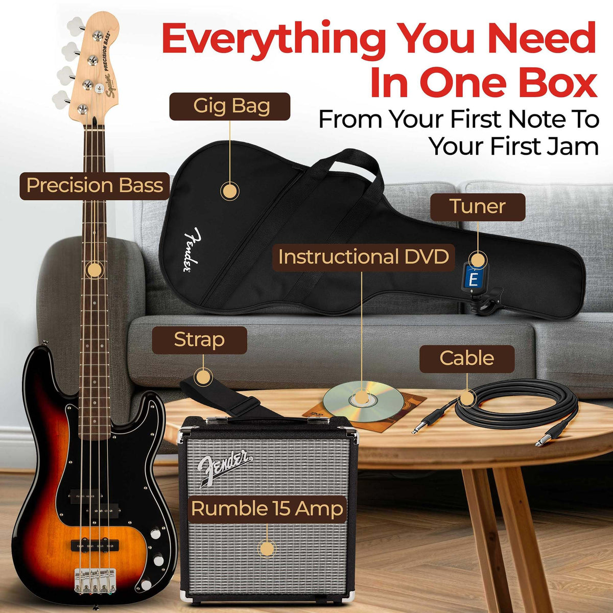 3-Color Sunburst Precision Bass with Amplifier, Cable, Gig Bag, Tuner, Strap U496