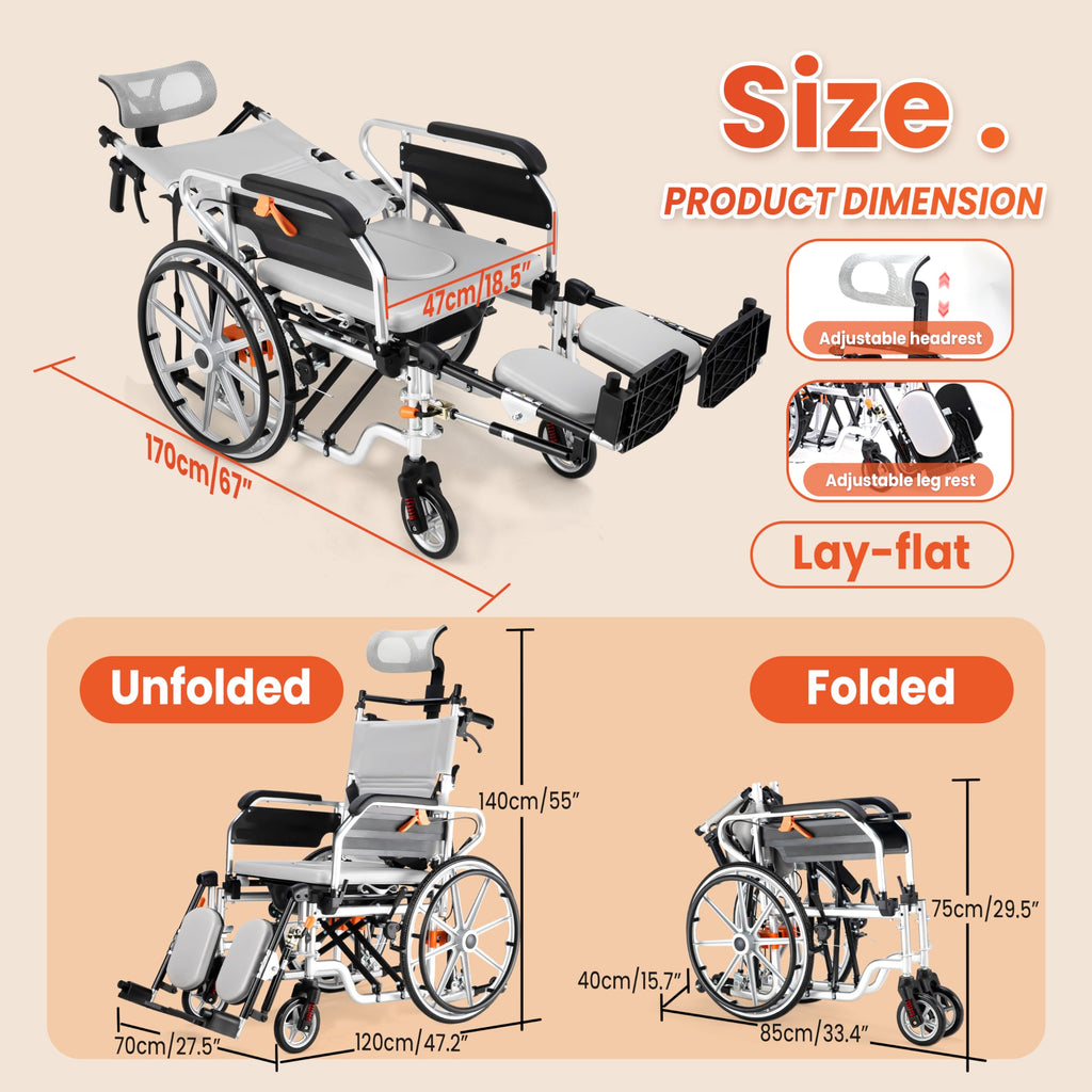 5-In-1 Fold Reclining Wheelchair with Elevating Leg Rests U754