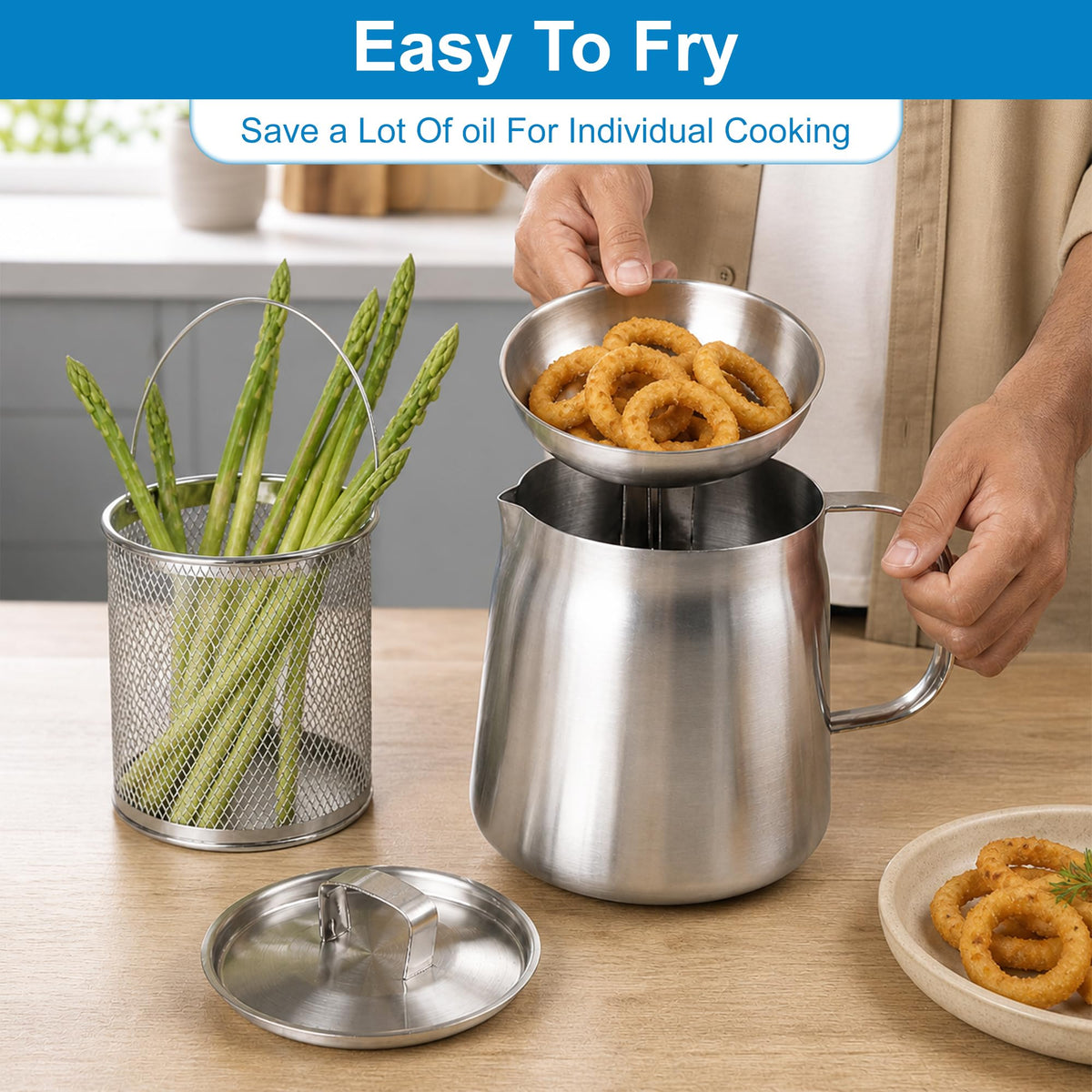 68oz Stainless Steel Oil Filter Pot with Fryer Basket D369