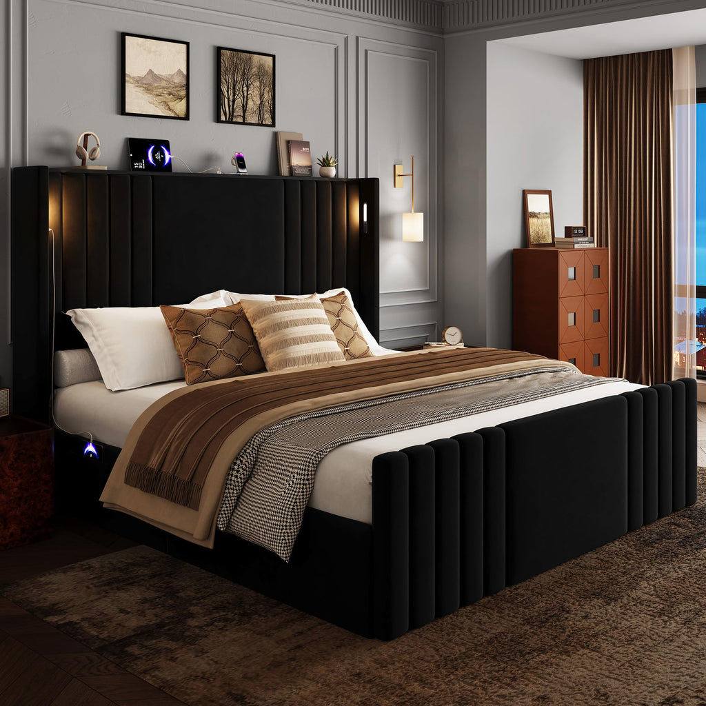 Queen Size Platform Bed Frame with Reading Lights J4488