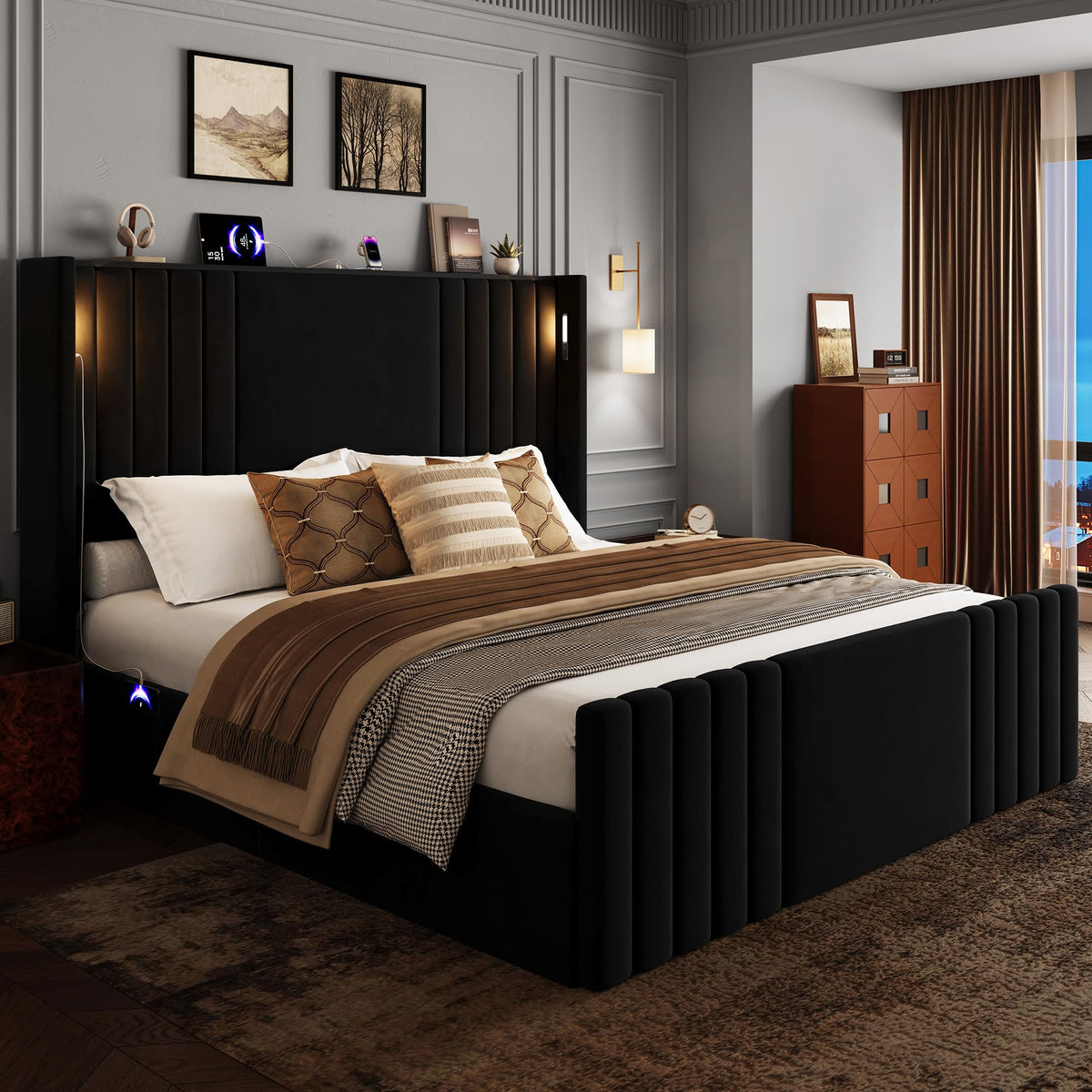 Queen Size Platform Bed Frame with Reading Lights J4488